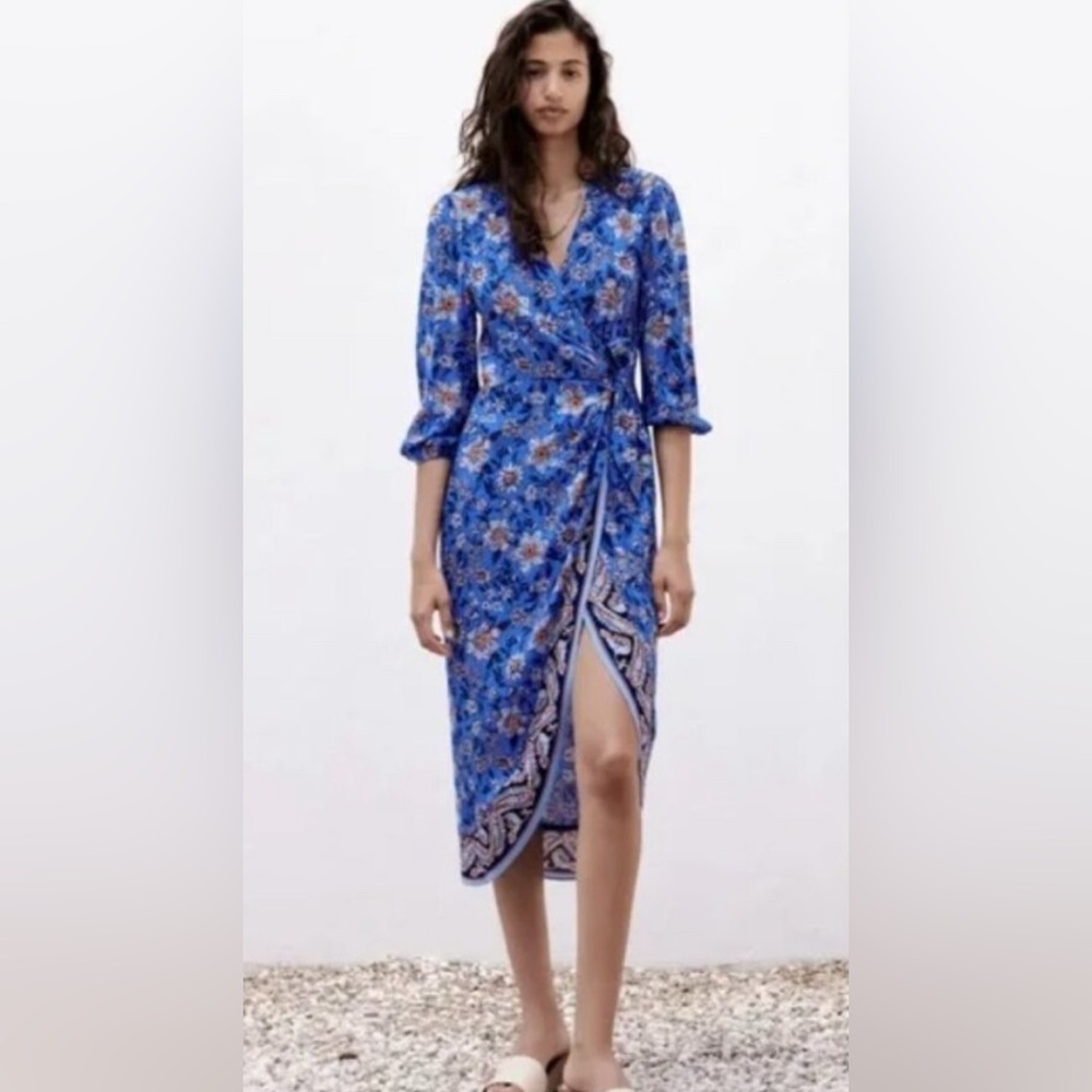 Zara Blue and Orange Wrap The Megane Dress large NWT